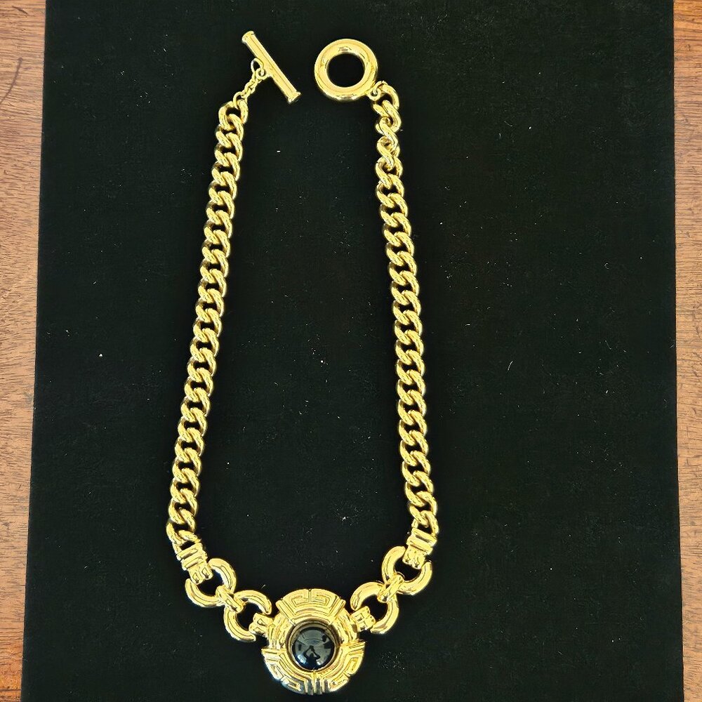 VINTAGE signed GIVENCHY 1980's Greek Key Black Cabochon Chain Necklace 15"